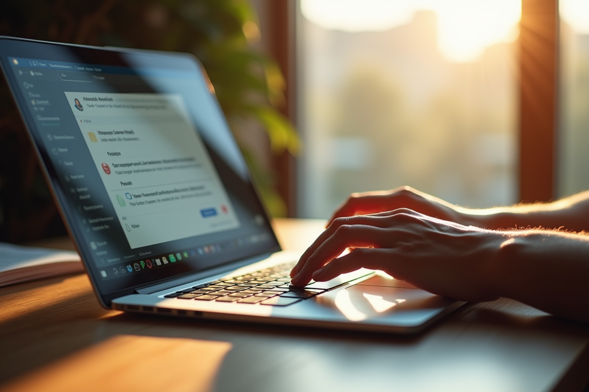Ordinateur portable sur un bureau en bois avec email envoyé