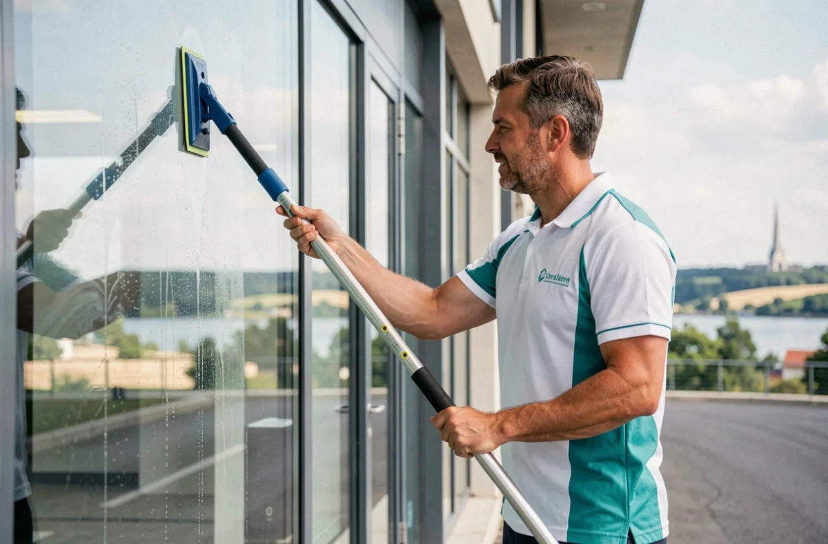 Technicien OSA nettoyant les vitres d'un bâtiment commercial avec une raclette professionnelle