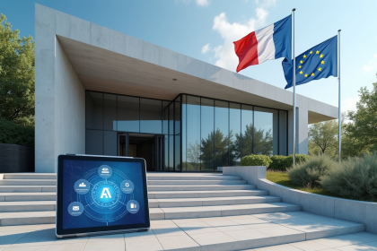 Façade moderne d'un palais de justice français avec drapeaux et tablette AI