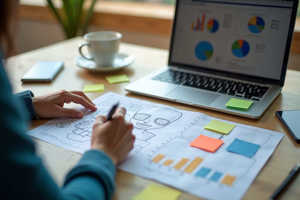 Personne esquissant des personas clients sur un bureau moderne