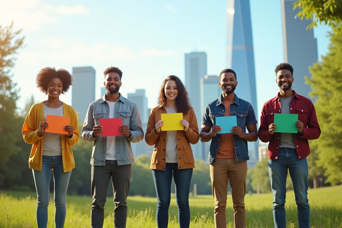Cinq personnes diverses avec symboles des SDGs en extérieur