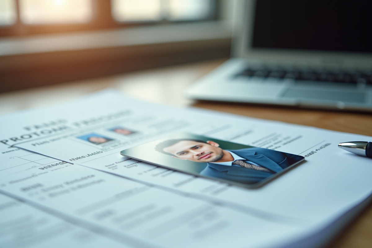 Photo d identité sur bureau avec papiers et stylo