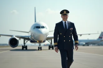 Pilote d'avion en uniforme sur le tarmac avec un Airbus