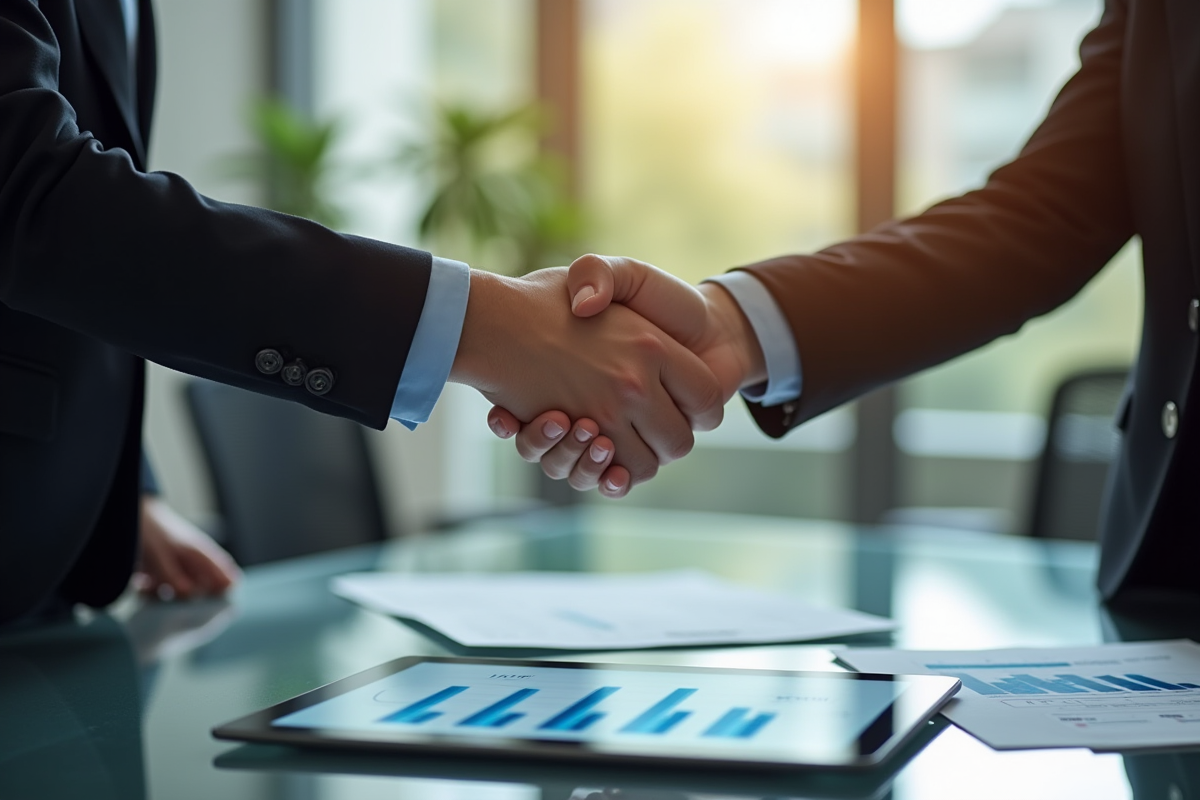 Deux professionnels se serrant la main dans un bureau moderne