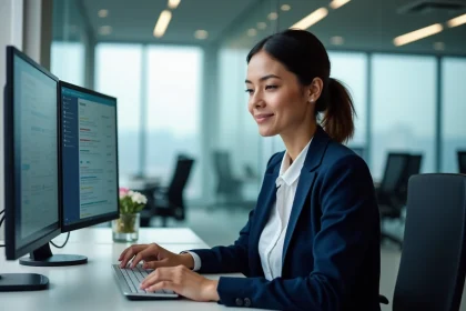 Femme professionnelle travaillant sur un portail métier multi-applications avec messagerie intégrée dans un bureau moderne
