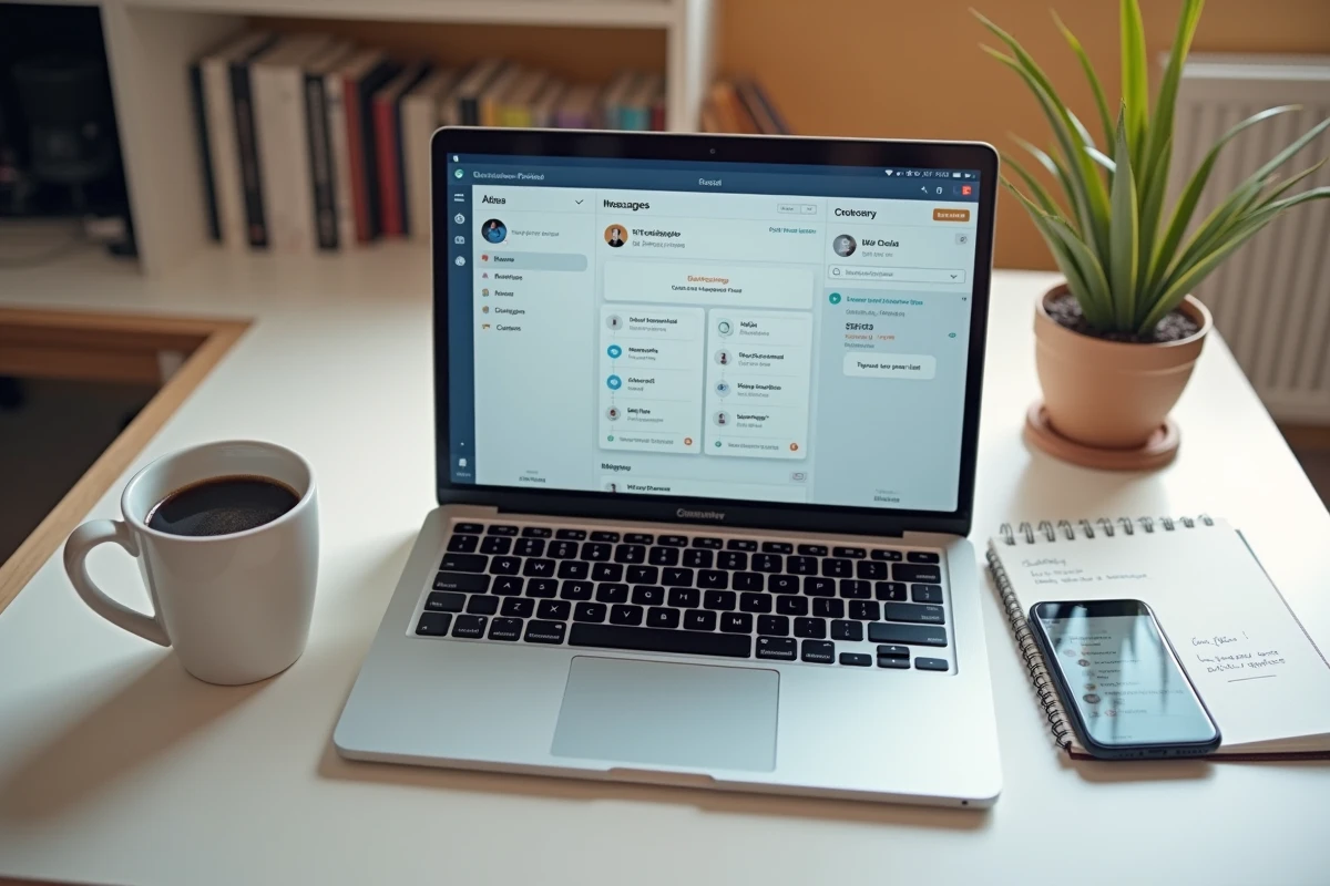 Vue aérienne d'un portail métier ouvert sur laptop avec messagerie et applications connectées sur un bureau minimaliste