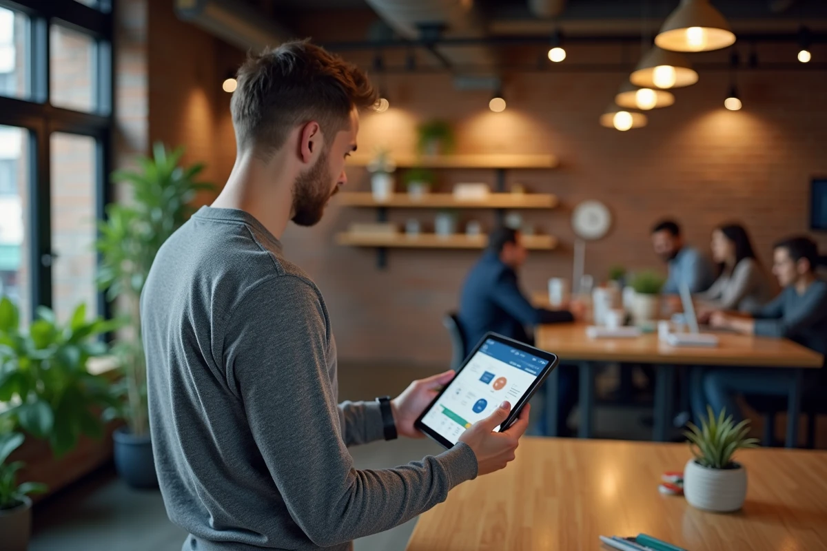 Homme consultant un portail métier sur tablette dans un espace de coworking avec applications connectées