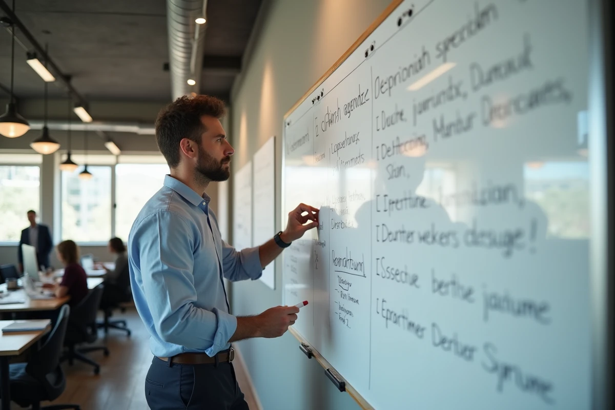 Homme d'affaires présentant les points inscrits à l'ordre du jour sur un tableau blanc en open space