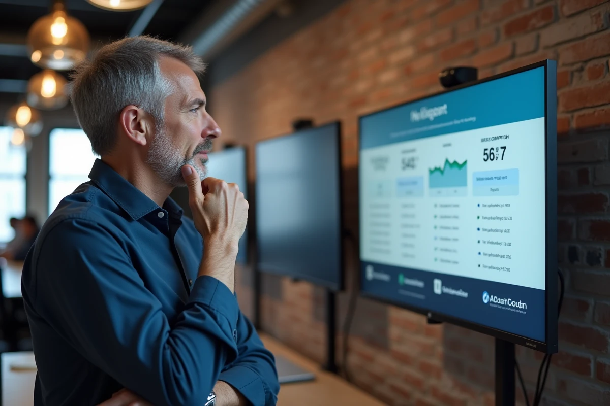 Professionnel du marketing analysant les tarifs et les outils d'intelligence artificielle sur un grand écran dans un espace de coworking moderne