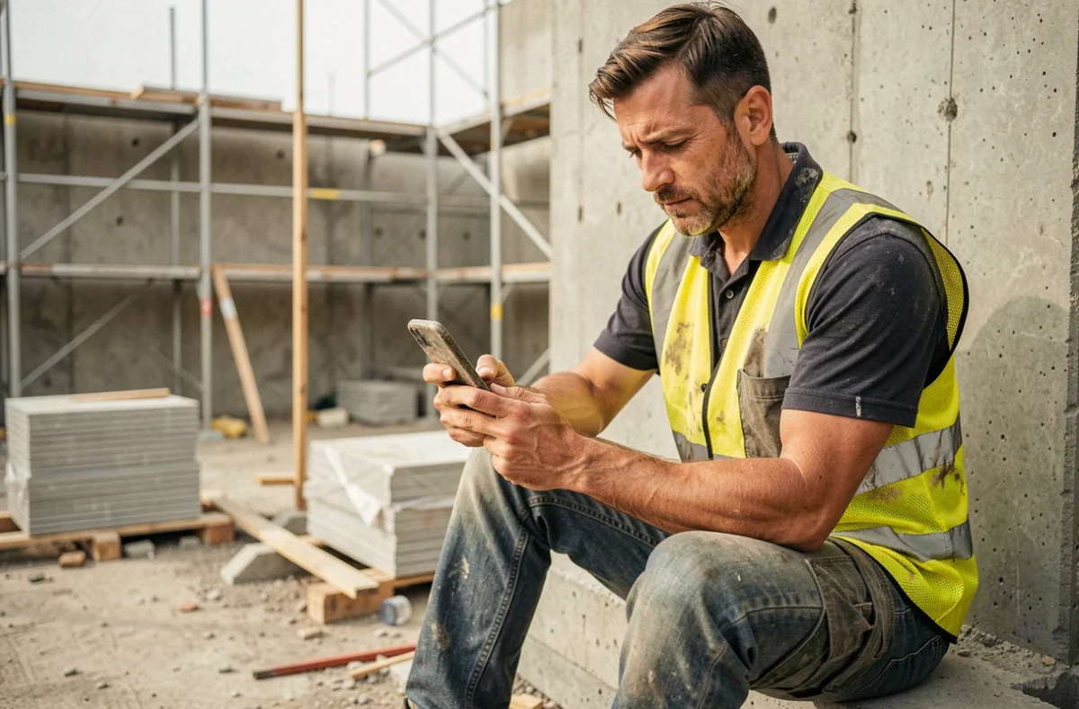 Professionnel du BTP consultant l'actualité construction sur son smartphone sur un chantier en activité