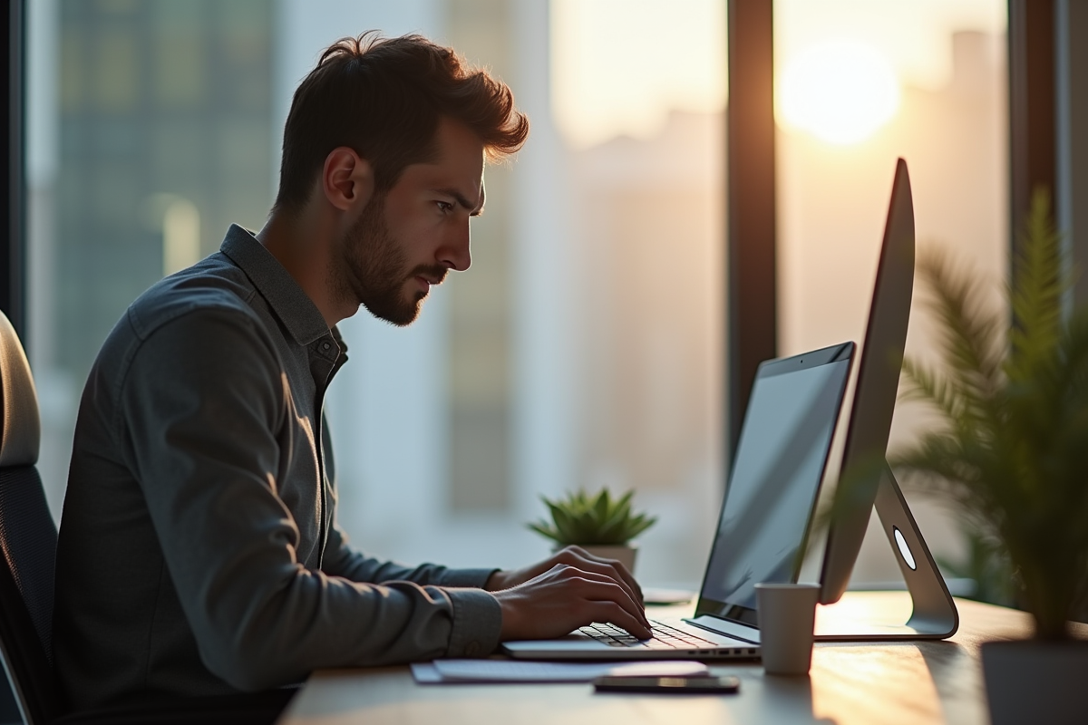 Professionnel concentré travaillant à domicile près d'une grande fenêtre