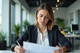 Femme professionnelle relisant un document imprimé dans un bureau moderne, stylo en main pour corriger des erreurs d'écriture