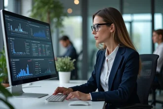 Professionnelle utilisant le logiciel CRM WATERP sur un poste de travail en open space dans un bureau moderne, avec des tableaux de bord de gestion client visibles à l'écran