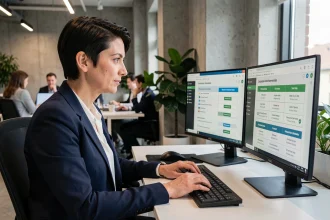 Professionnelle IT analysant des tableaux de compatibilité sur un poste de travail moderne pour le centre SVC en 2026
