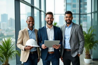 Trois professionnels divers dans un bureau moderne avec vue urbaine