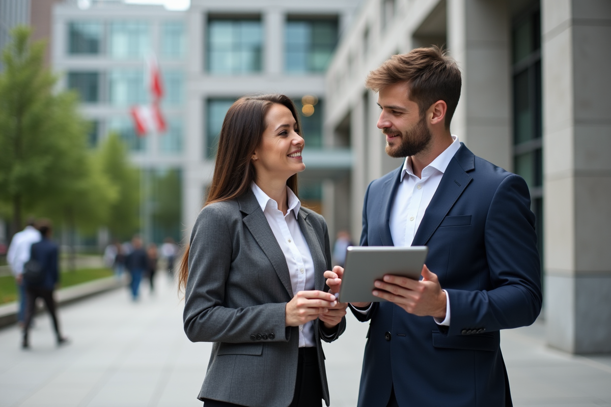 Deux professionnels canadiens discutant de la protection des donnees