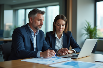 Couple d'affaires en r&eacute;union dans un bureau moderne