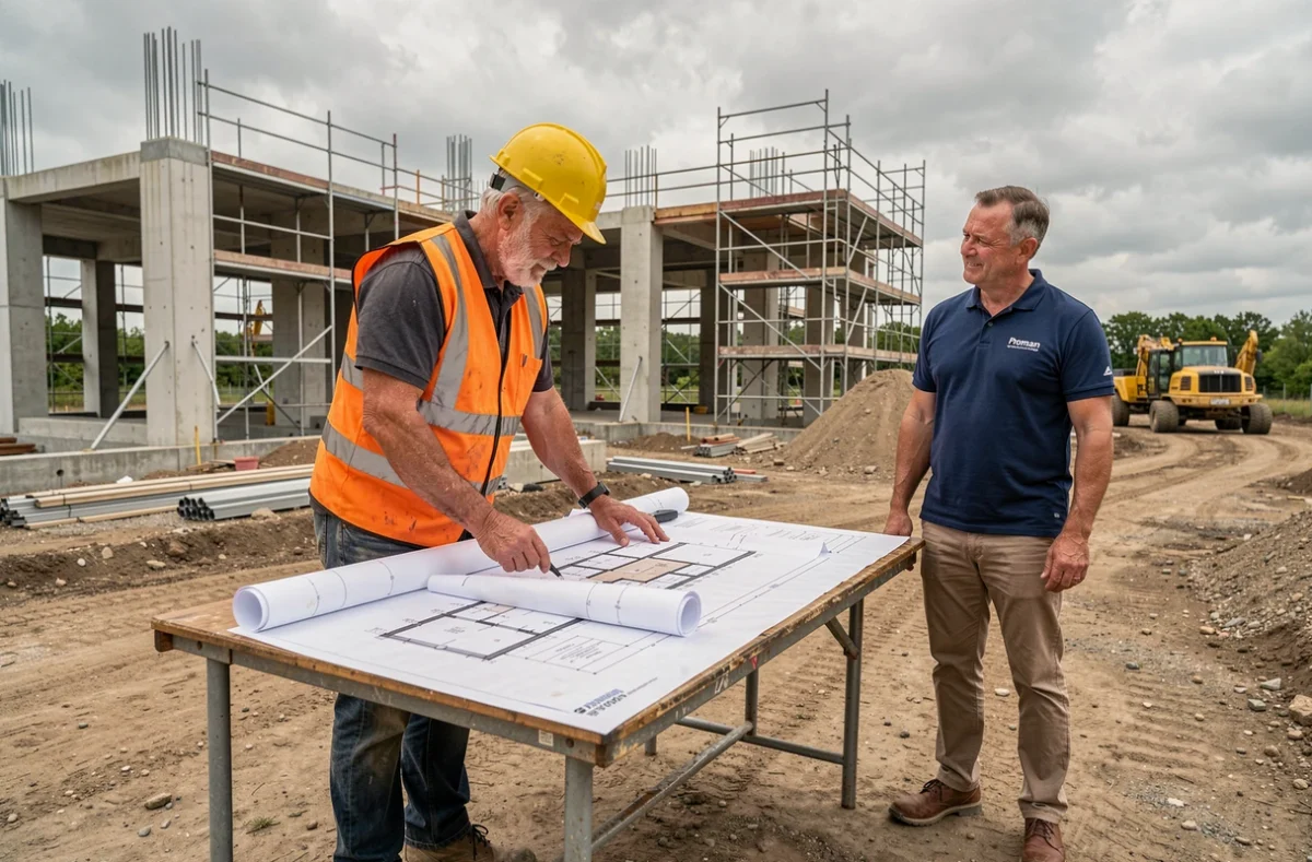 Chef de chantier et représentant Proman examinant des plans sur un chantier BTP en Seine-et-Marne