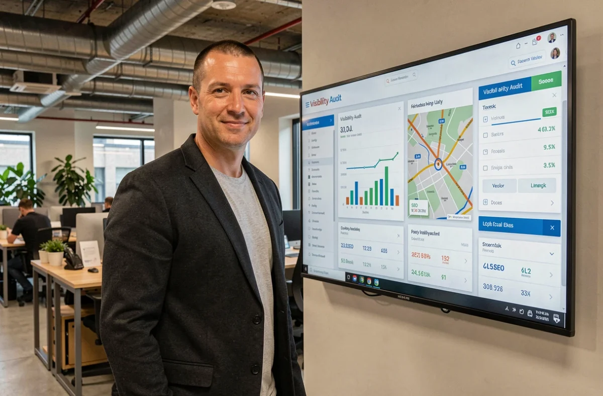 Consultant de l'agence Promoovoir présentant un audit de visibilité digitale et un rapport de référencement local dans un espace de travail collaboratif moderne