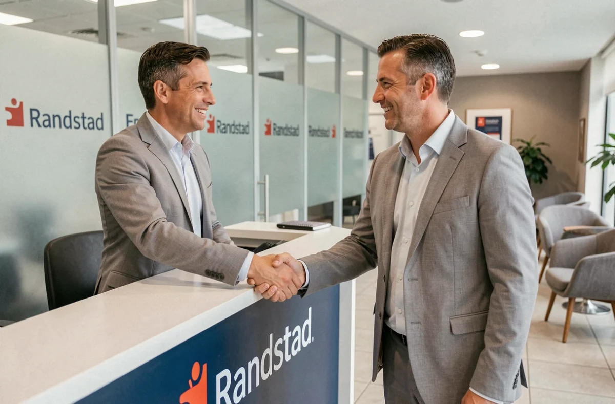 Recruteur Randstad accueillant un candidat à l'accueil d'une agence d'intérim en Seine-et-Marne avec une poignée de main chaleureuse