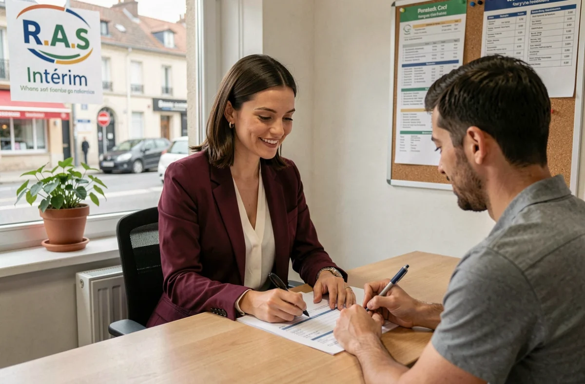 Recruteuse de l'agence R.A.S Intérim Melun aidant un candidat à remplir un formulaire d'inscription dans une agence locale