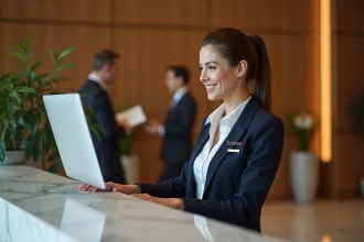 Réceptionniste d'hôtel souriante en blazer navy devant un bureau en marbre dans un lobby élégant