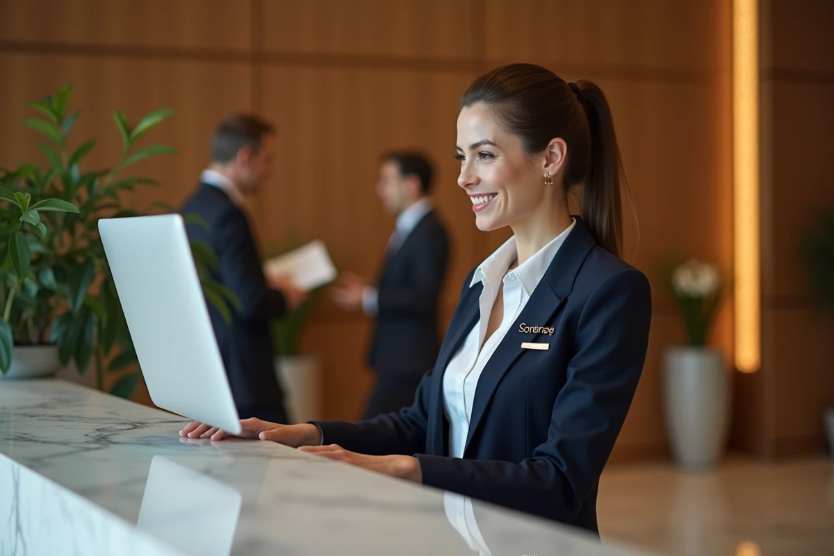 Réceptionniste d'hôtel souriante en blazer navy devant un bureau en marbre dans un lobby élégant