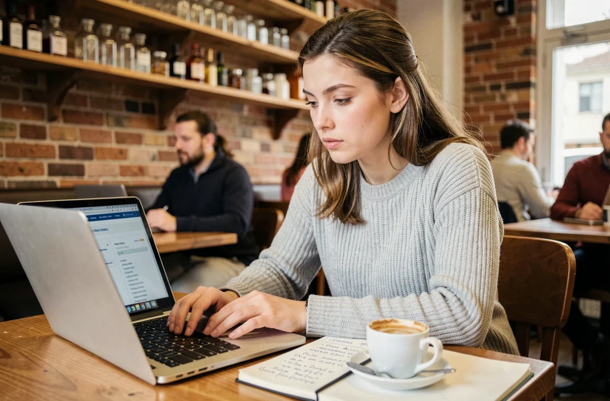 Jeune femme recherchant des informations sur une société à partir de ses initiales dans un café