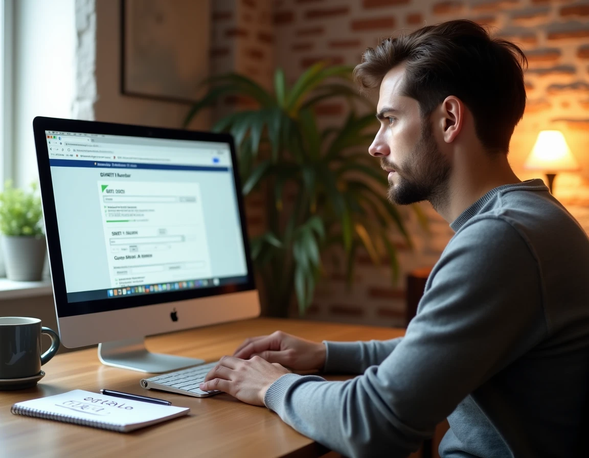 Homme freelance recherchant un numéro SIRET sur le site officiel depuis son domicile