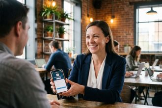 Femme d'affaires partageant une recommandation client sur smartphone dans un café co-working moderne