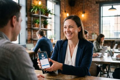 Femme d'affaires partageant une recommandation client sur smartphone dans un café co-working moderne