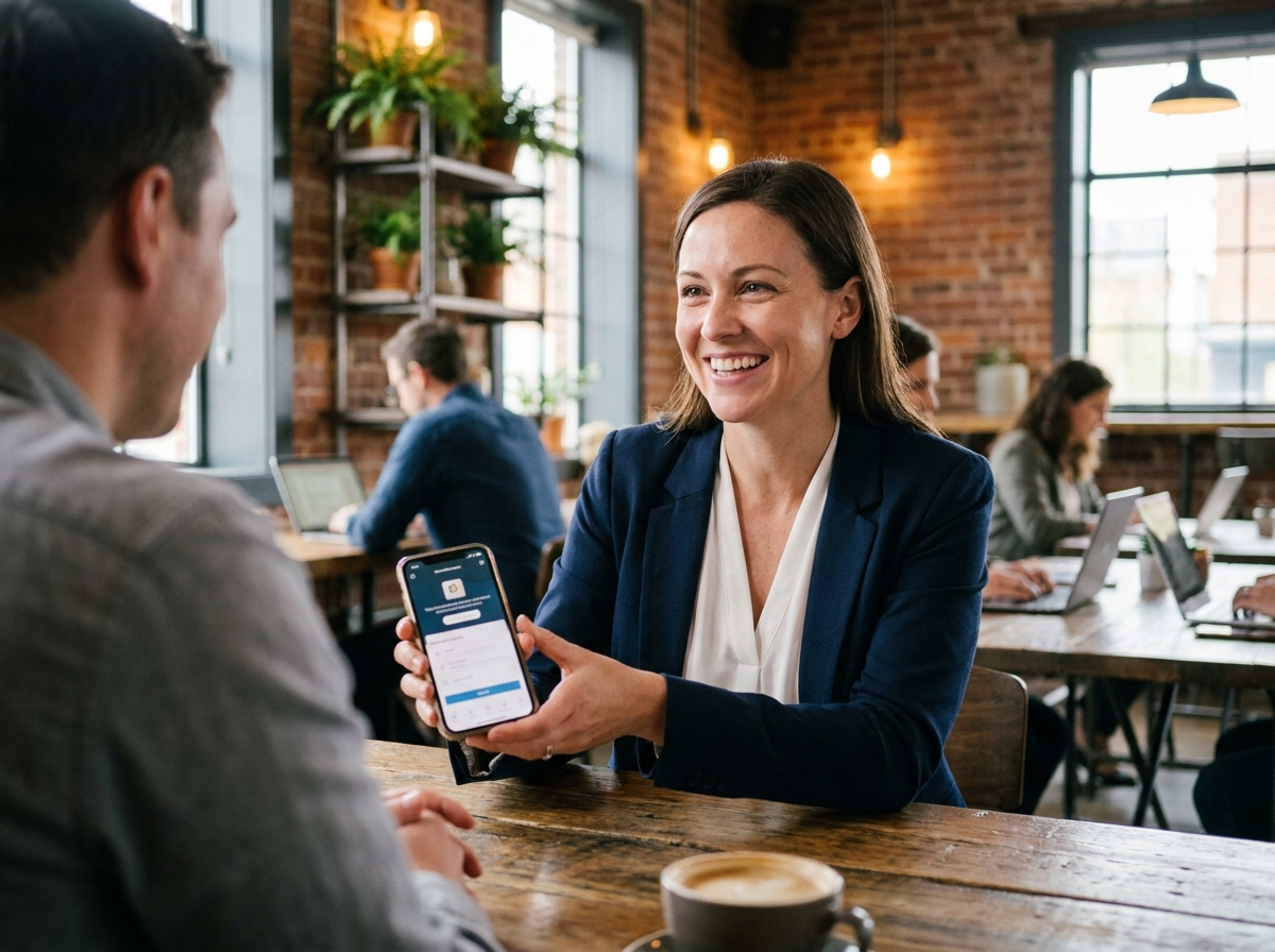 Femme d'affaires partageant une recommandation client sur smartphone dans un café co-working moderne