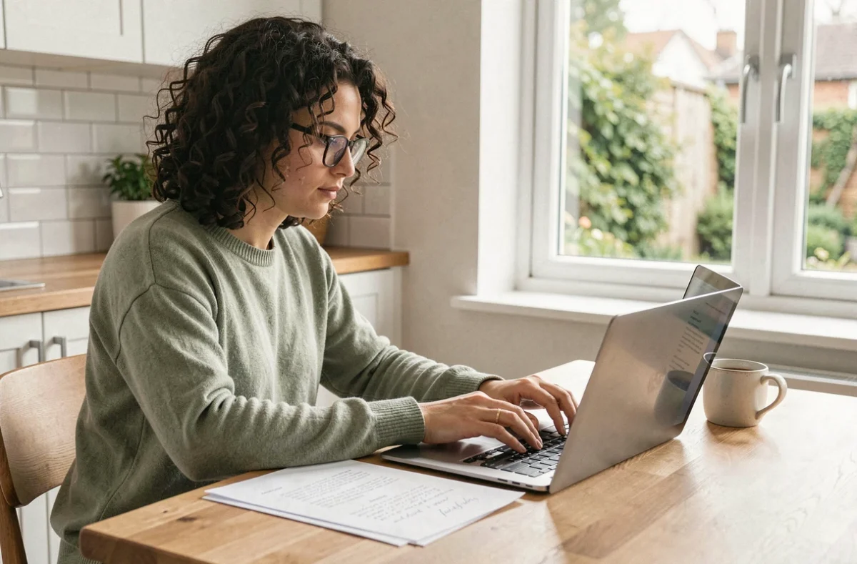 Jeune personne rédigeant une lettre de démission sur ordinateur portable dans une cuisine moderne