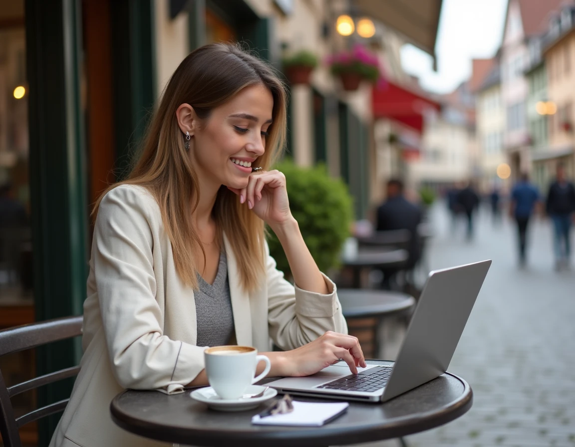 Rédactrice web travaillant sur une stratégie de contenu SEO local depuis une terrasse de café typique en Alsace à Colmar