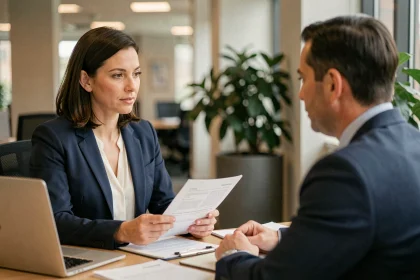 Femme en entretien avec un conseiller France Travail dans un bureau professionnel, discussion autour d'un dossier de suivi personnalisé