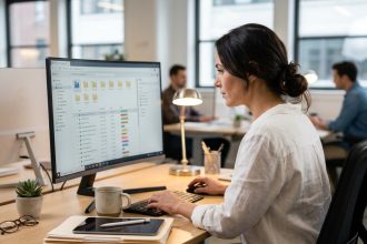 Responsable formation consultant un logiciel de GED sur écran d'ordinateur dans un bureau moderne