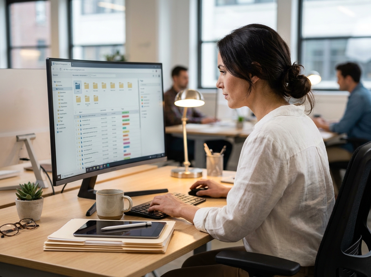 Responsable formation consultant un logiciel de GED sur écran d'ordinateur dans un bureau moderne