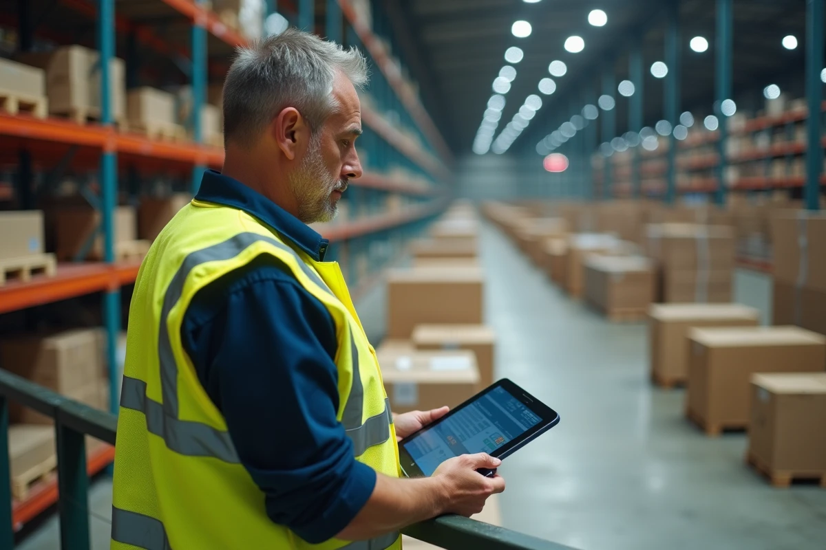 Responsable logistique analysant les flux d'un centre de distribution sur tablette numérique depuis une mezzanine surplombant un grand entrepôt