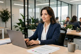 Responsable marketing en agence travaillant sur une stratégie digitale lors d'une réunion en visioconférence dans un bureau moderne
