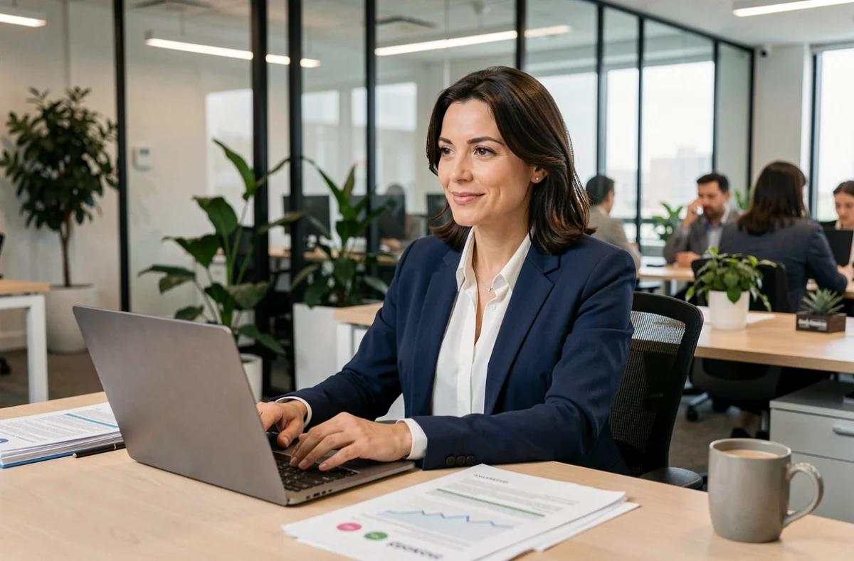 Responsable marketing en agence travaillant sur une stratégie digitale lors d'une réunion en visioconférence dans un bureau moderne