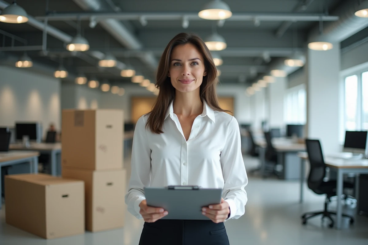Responsable d'entreprise supervisant un débarras de bureau avec checklist de conformité réglementaire dans un open space en cours de vidage