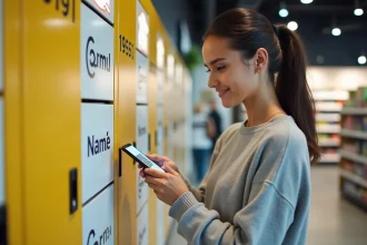 Femme utilisant son smartphone pour scanner un QR code à un point relais Mondial Relay en magasin