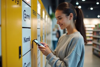 Femme utilisant son smartphone pour scanner un QR code à un point relais Mondial Relay en magasin
