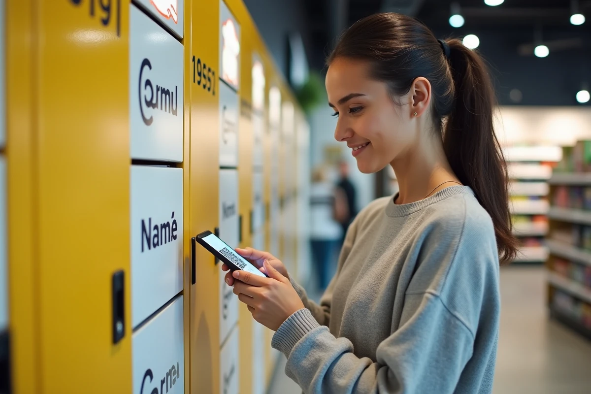 Femme utilisant son smartphone pour scanner un QR code à un point relais Mondial Relay en magasin