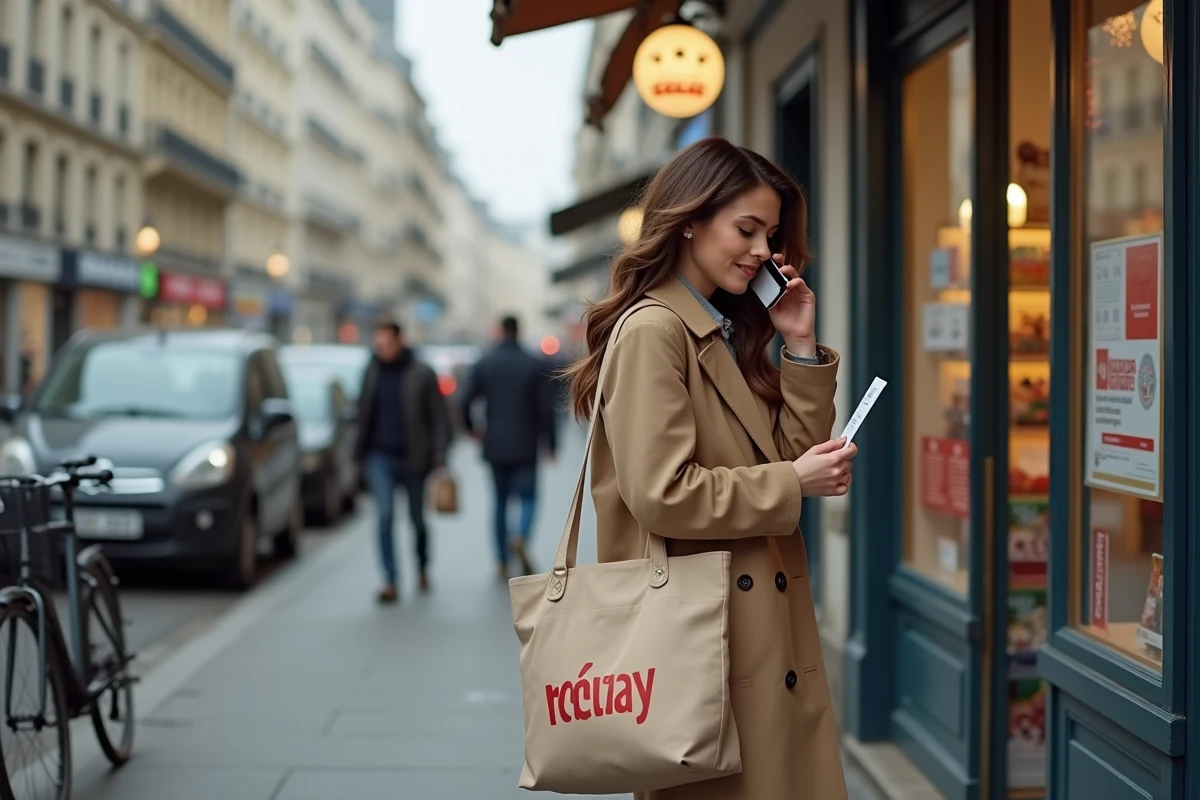 Jeune femme récupérant un colis Mondial Relay en point relais tabac dans une rue parisienne tout en téléphonant