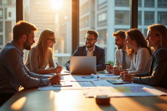 Réunion d'affaires avec professionnels autour d'une table lumineuse