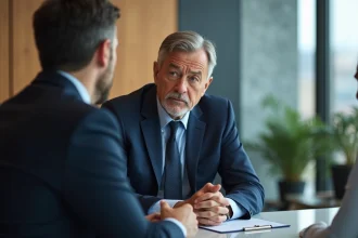 Homme d'affaires nerveux face à deux professionnels en réunion