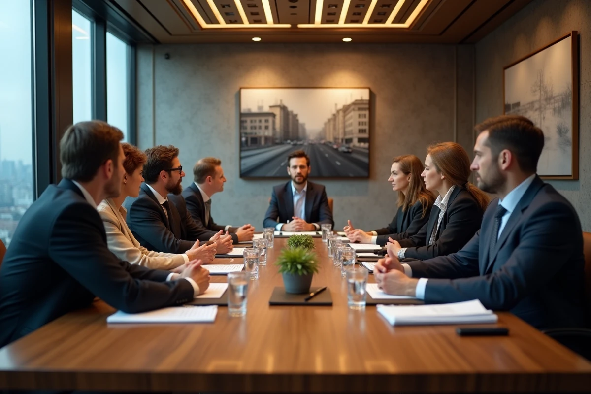Groupe de professionnels en réunion dans une salle de conférence moderne