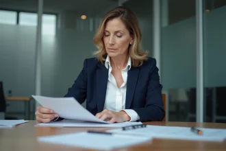 Professionnelle en réunion d'entreprise consultant l'ordre du jour inscrit au calendrier 2026