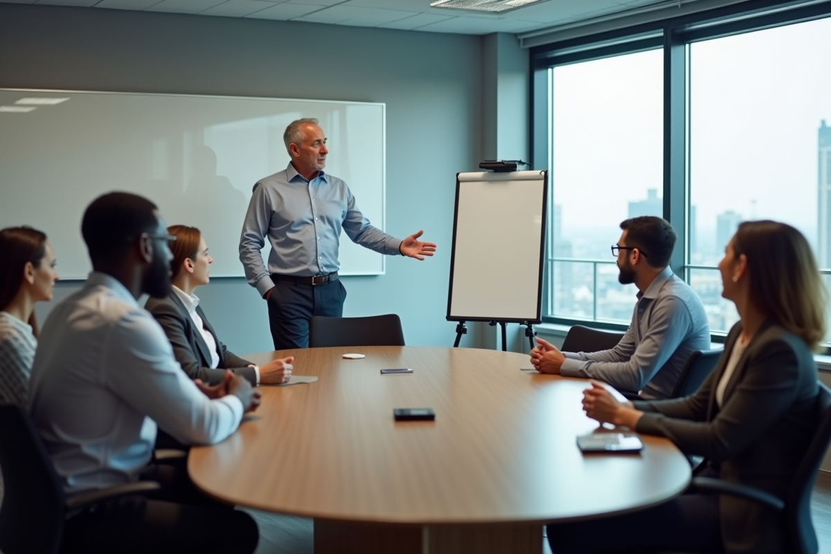 Homme en réunion avec équipe diverse autour d